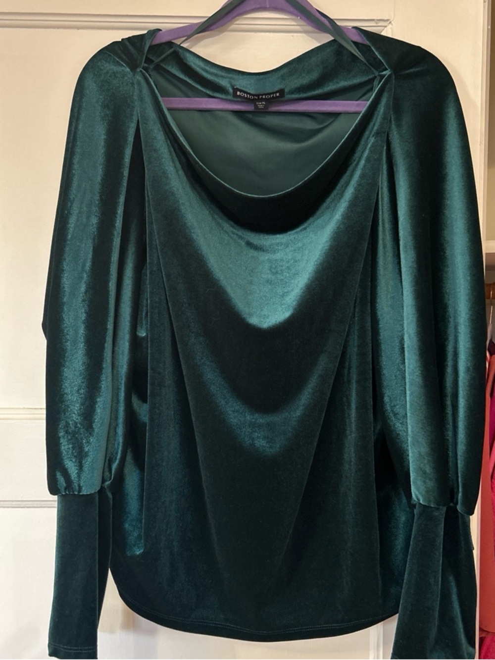 Boston Proper Teal Green Velvet Draped Long Sleeve Top